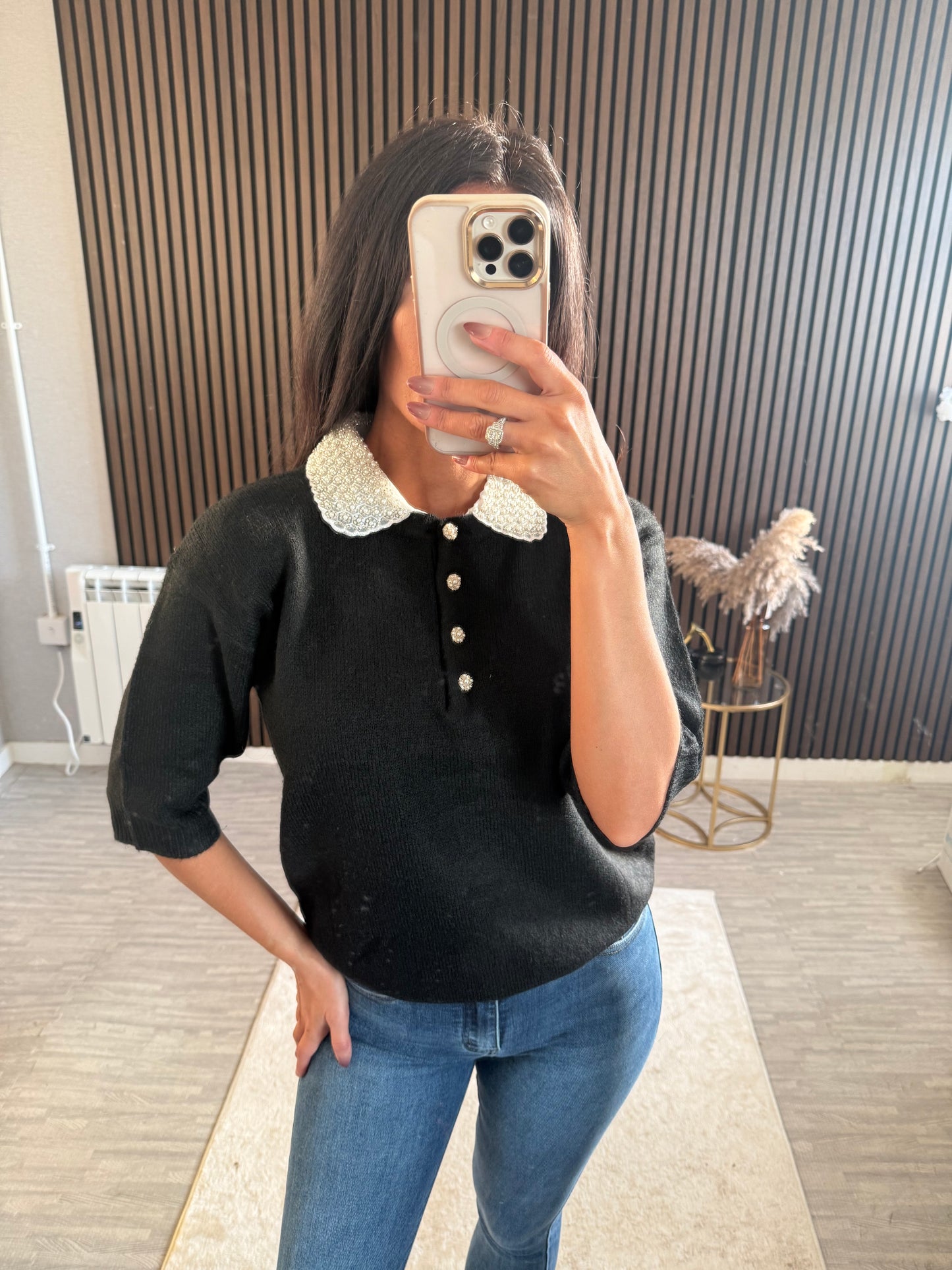 Sequin Neck Knit Top