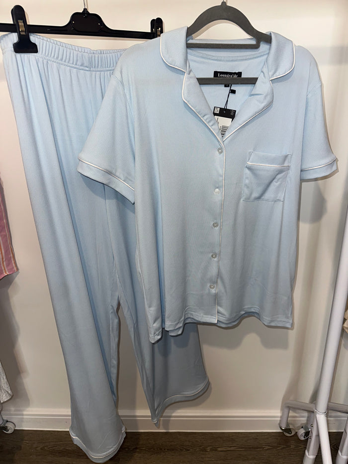 Baby Blue Super Soft Jersey Ribbed Short Sleeve Long Pant Set