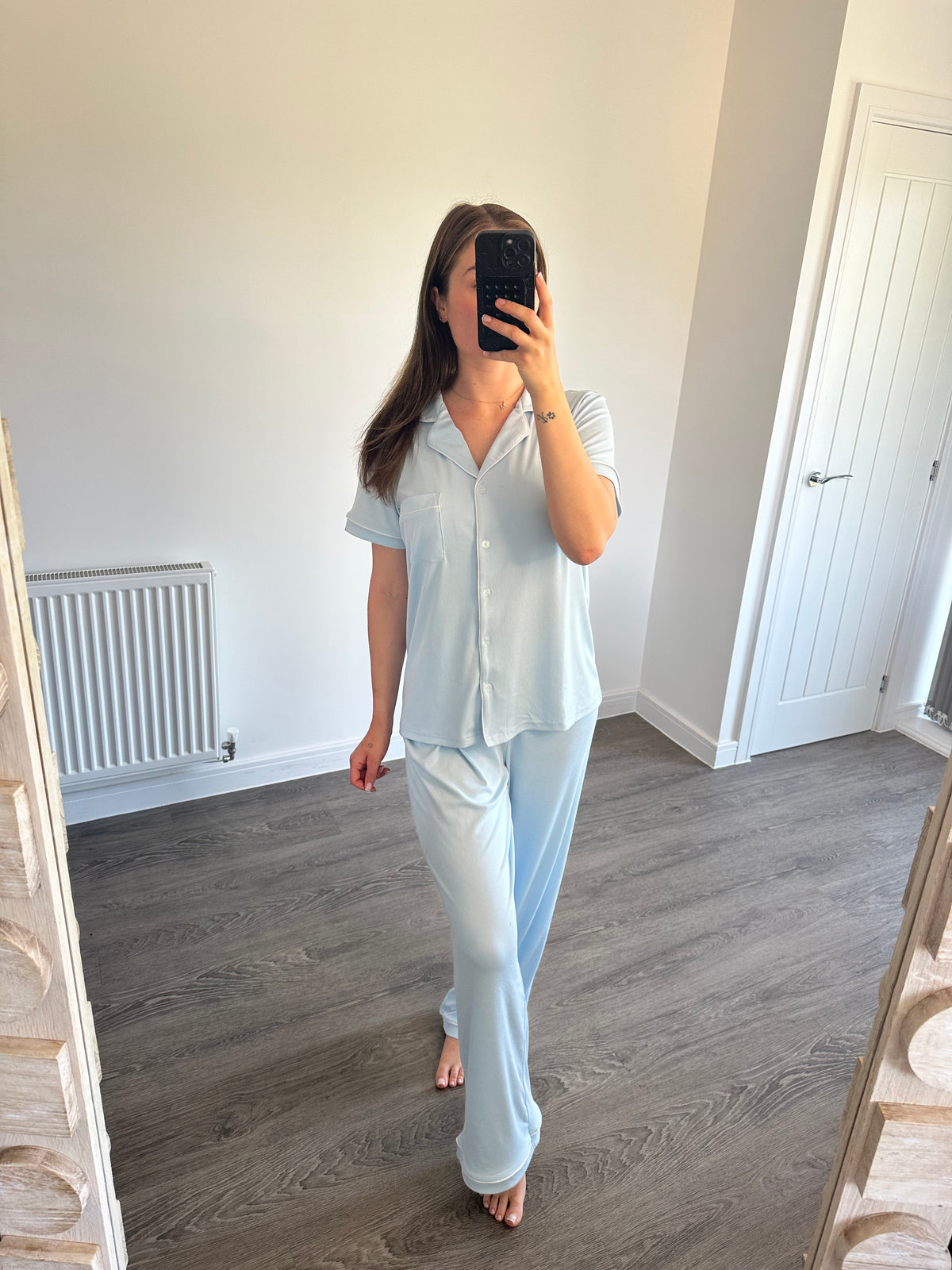 Baby Blue Super Soft Jersey Ribbed Short Sleeve Long Pant Set